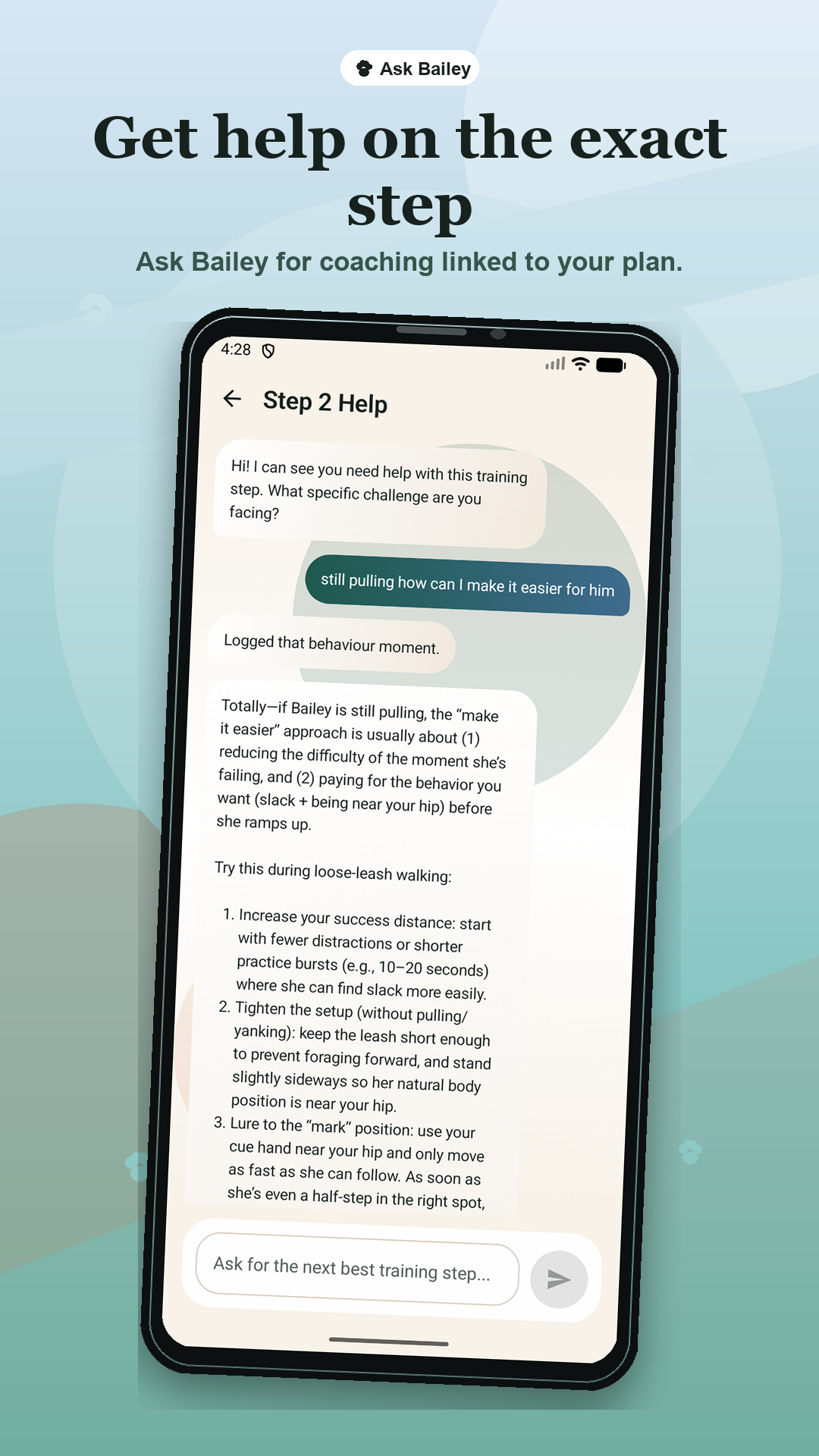 Ask Bailey step help chat screen